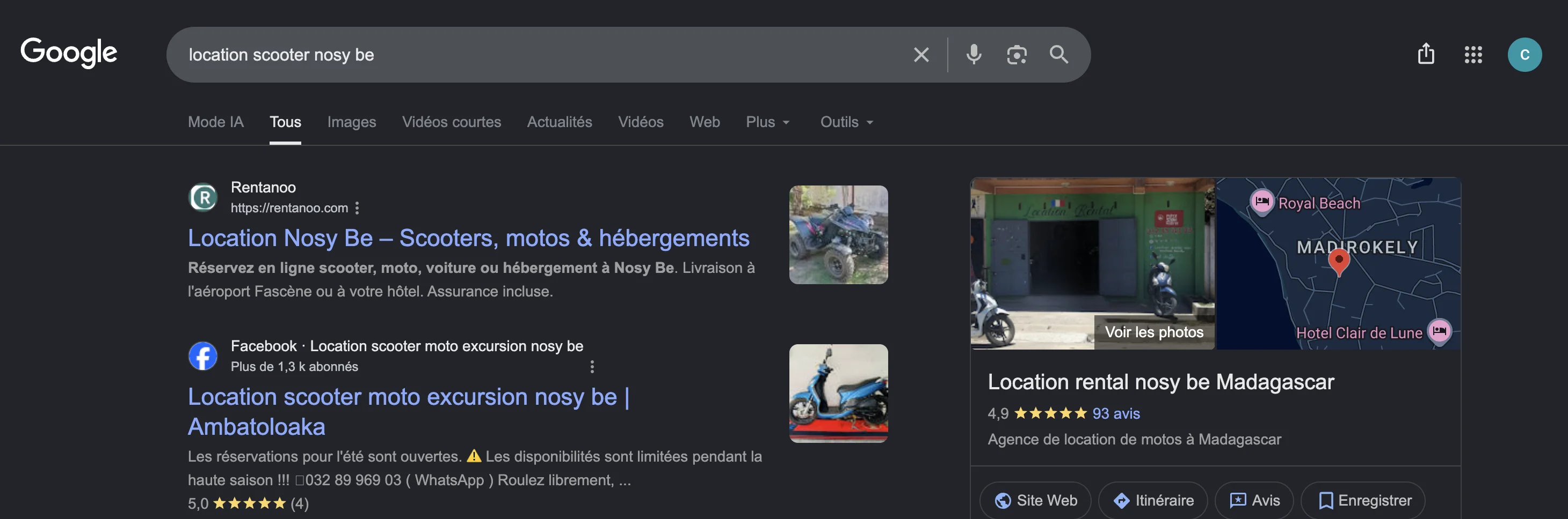 Rentanoo classé 1er sur Google pour 'location scooter nosy be'