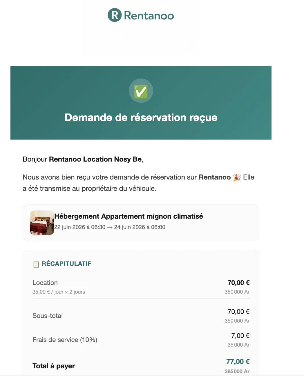 Email de confirmation de réservation automatique envoyé par Rentanoo