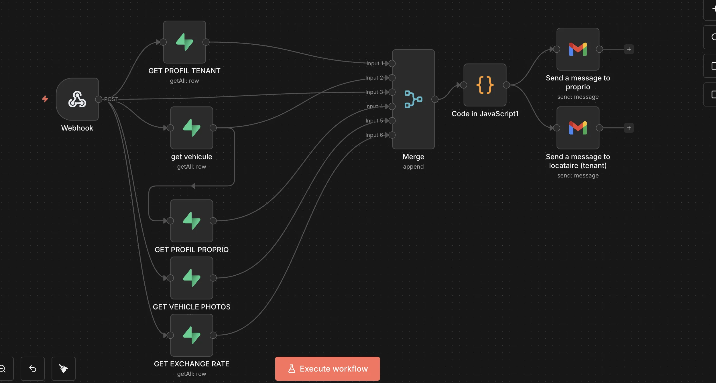 Workflow d'automatisation Rentanoo : webhook, fusion des données, envoi des emails de confirmation